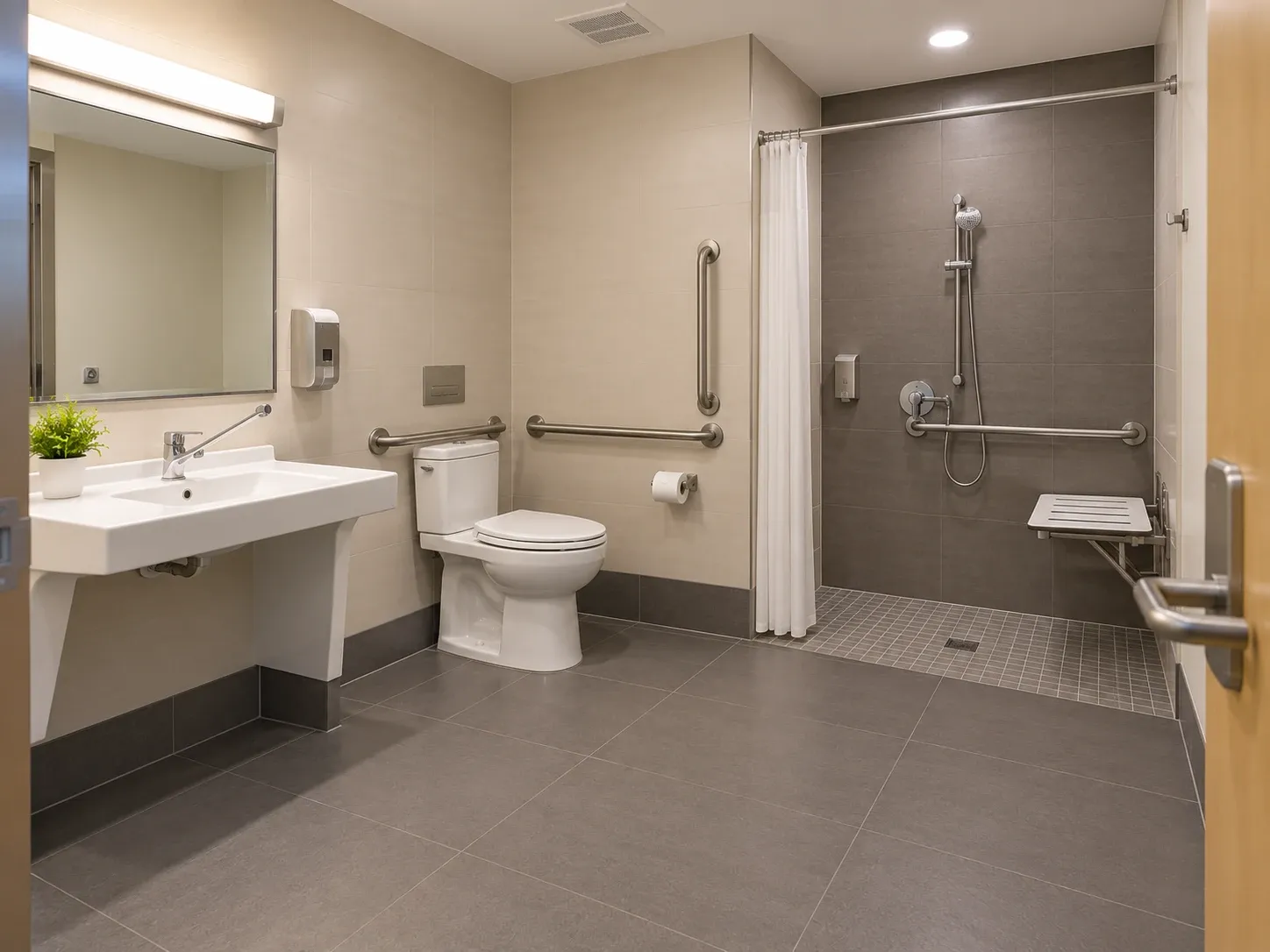 Baño adaptado con ducha a ras de suelo, asiento abatible, asideros y lavabo con hueco libre debajo