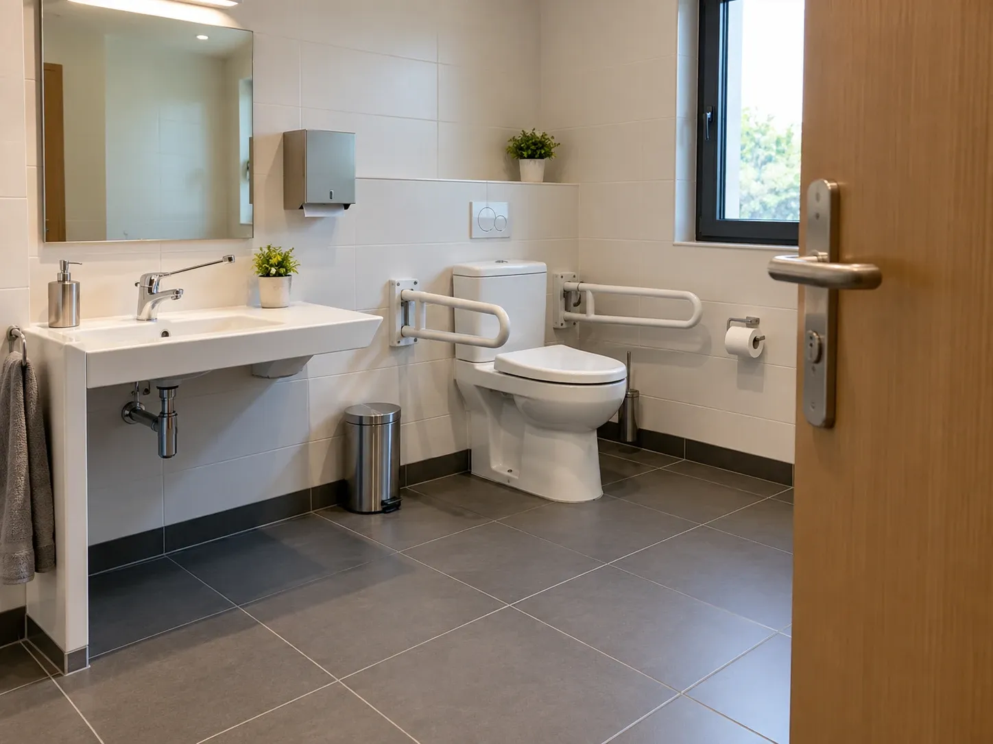 Baño adaptado con barras abatibles a ambos lados del inodoro y lavabo accesible con grifo de palanca larga