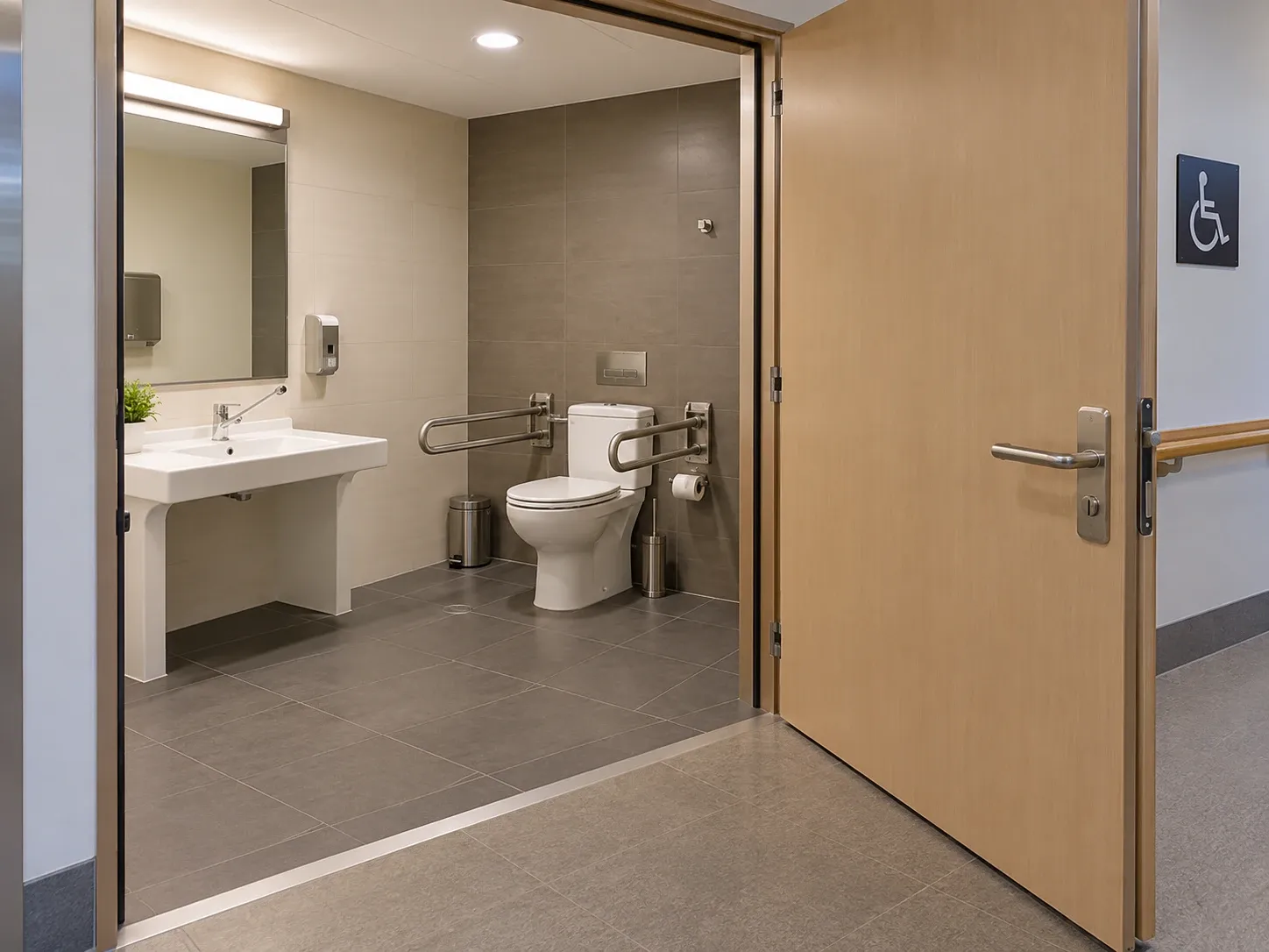 Baño adaptado con puerta ancha que abre hacia fuera, lavabo sin mueble y barras abatibles junto al inodoro