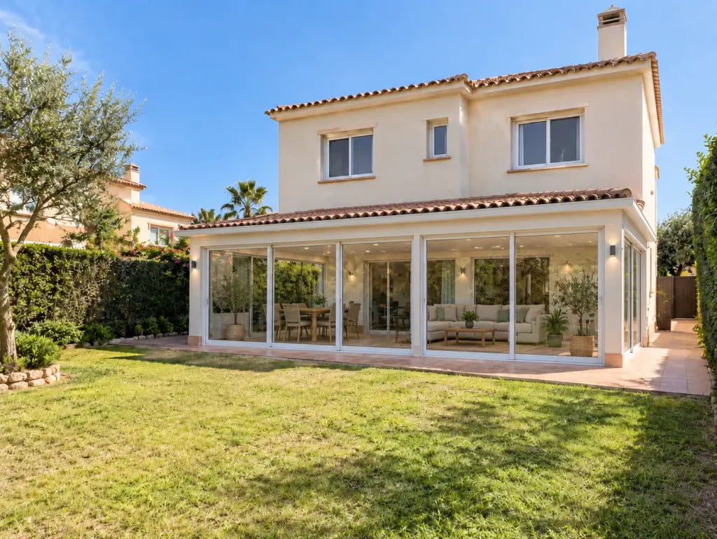 Chalet reformado con porche acristalado abierto al jardín, con salón y comedor en su interior