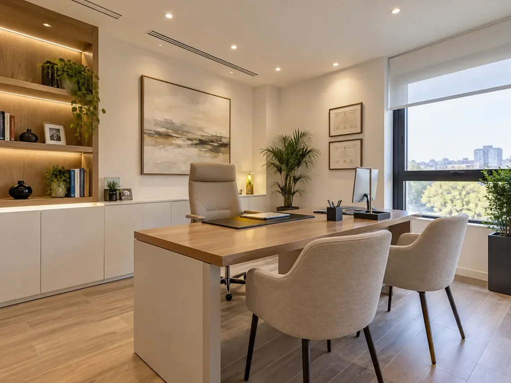 Despacho de oficina con mueble de madera iluminado, mesa de trabajo y ventanal