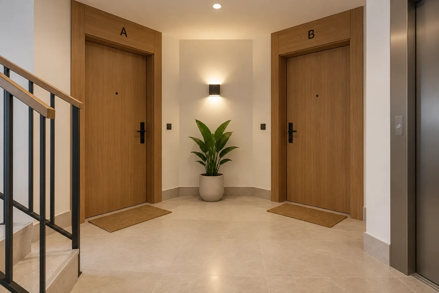 Rellano de comunidad reformado con puertas de madera, suelo porcelánico claro y aplique de pared